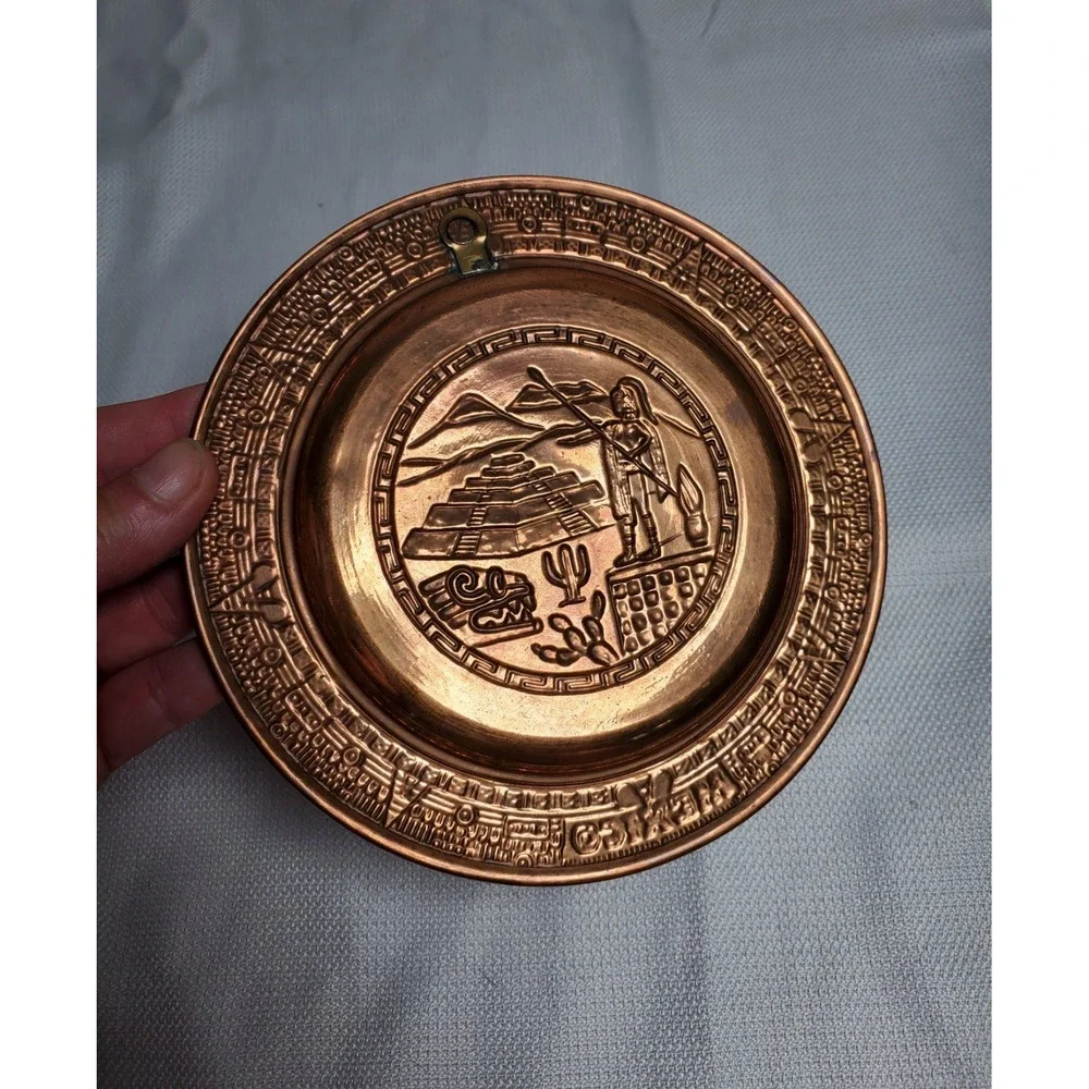 Vtg Mexico Copper Enamel Souvenir Wall Plaque Mayan Aztec Pyramid Hand Painted